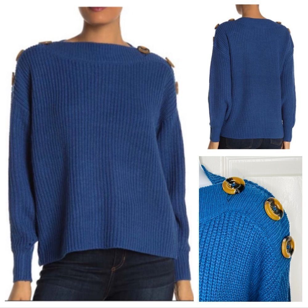 Philosophy Button Shoulder Dolman Boatneck Sweater Balloon Sleeve Blue S